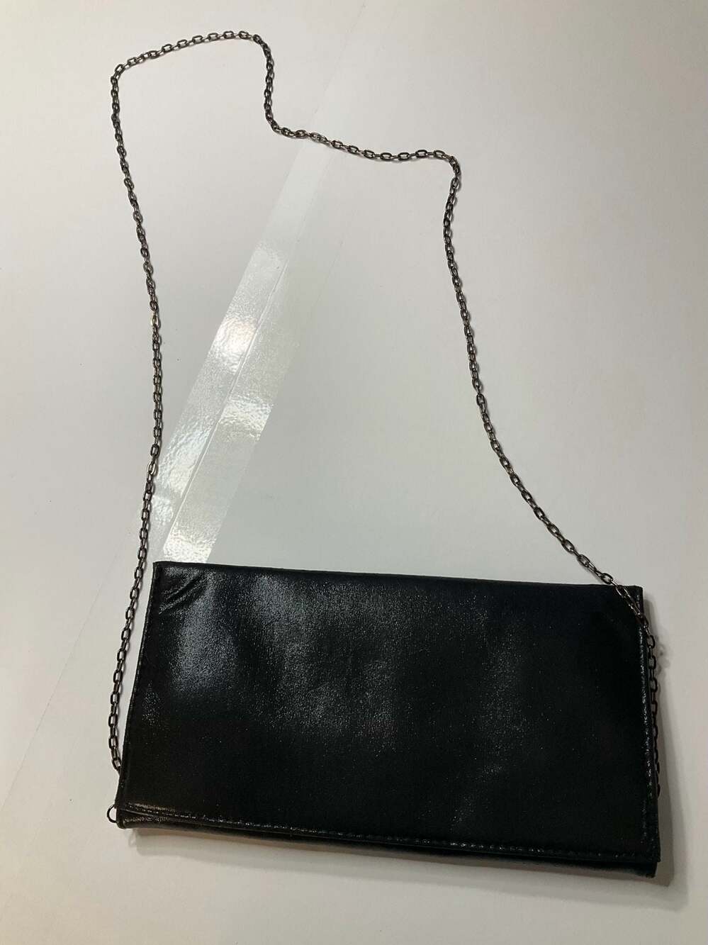Black Faux Leather Envelope Clutch with Detachable Chain Strap